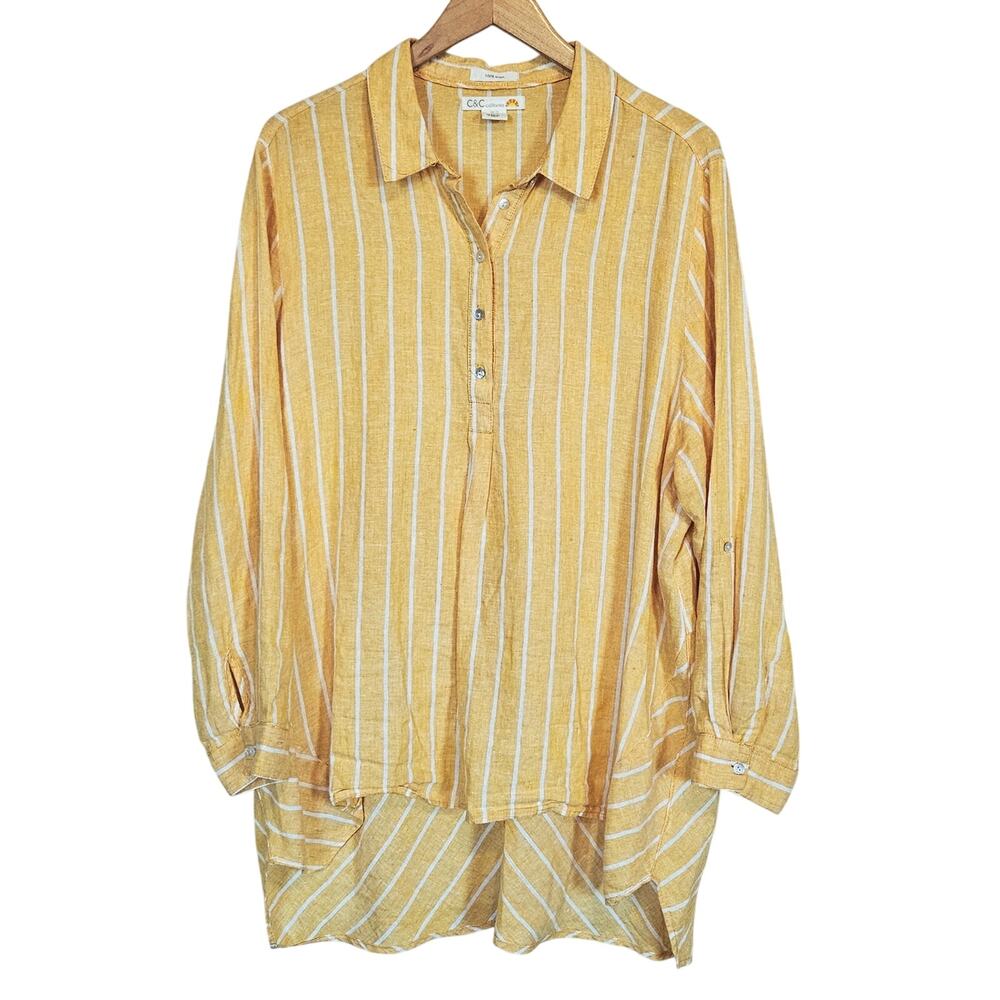 C & C California Yellow Striped Linen High Low Top Blouse Women's Plus 1x Summer